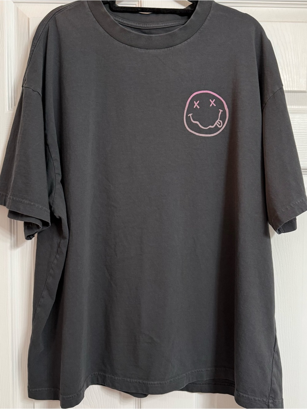 American Eagle Outfitters Charcoal Tee with Pink Smiley Graphic